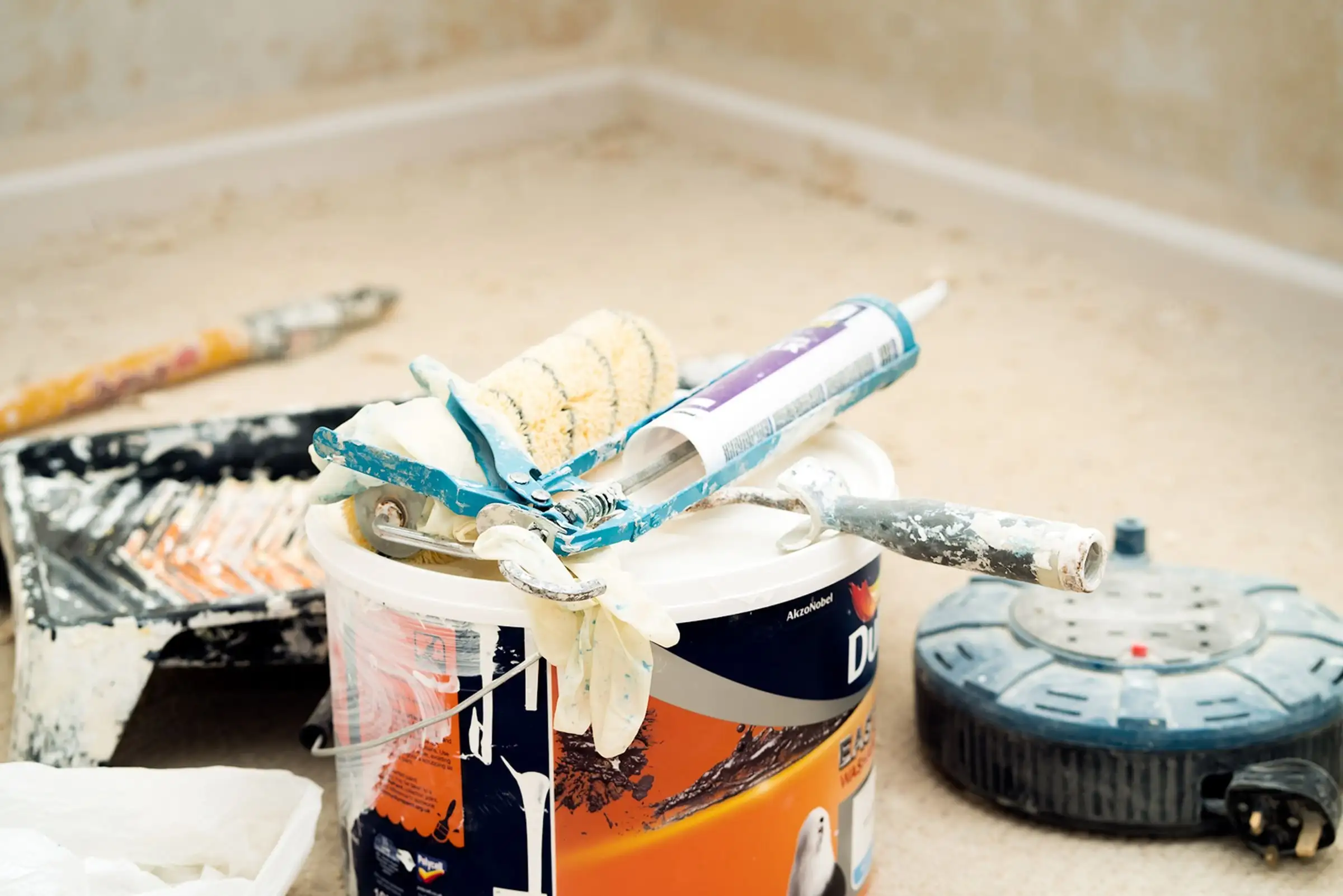 Paint can, rollers and painting tools